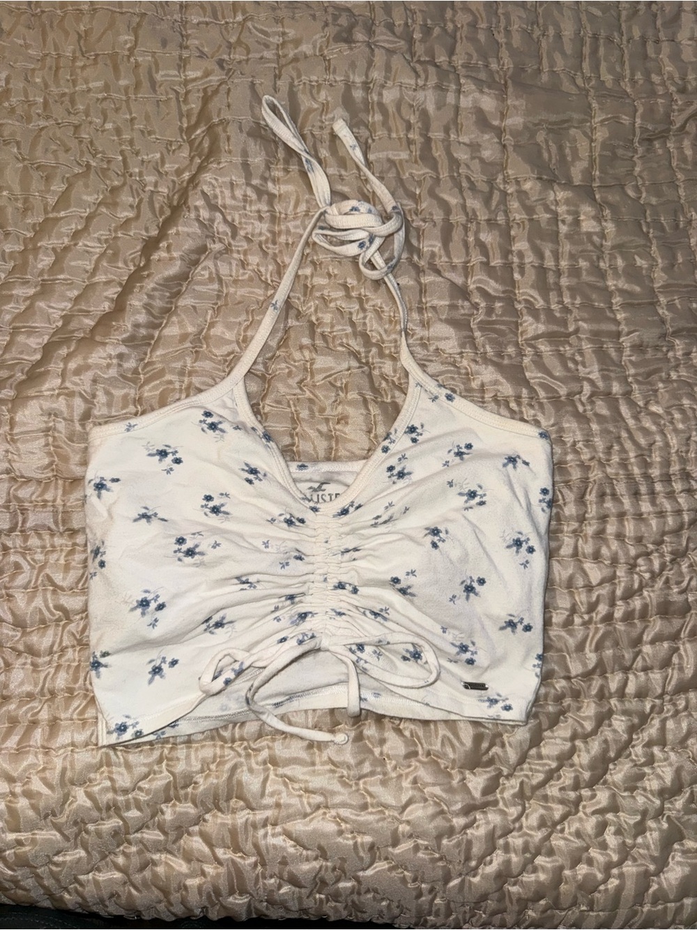 White Floral Ruched Halter Crop Top